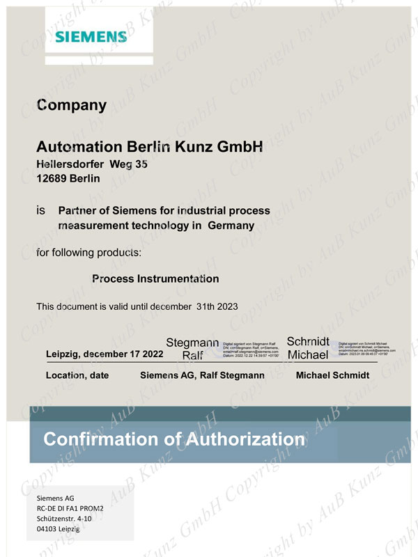 Partner von Siemens - Zertifikat 2023